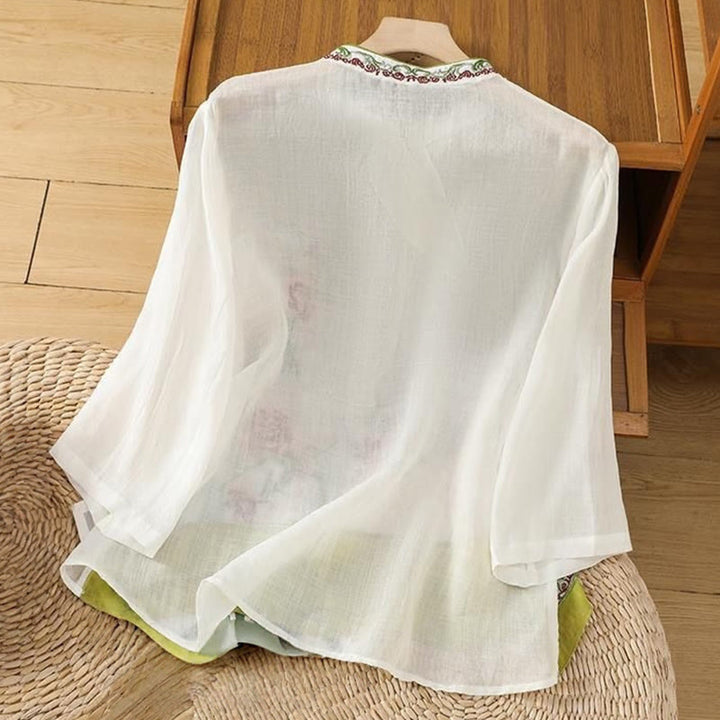 Chemise d'été à manches trois-quarts en coton et lin pour femme, style Buddha Stones , broderie florale, boutons grenouille, couleur assortie - image 1
