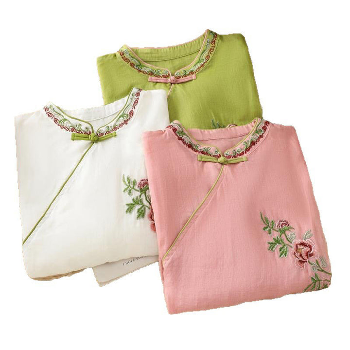 Chemise d'été à manches trois-quarts en coton et lin pour femme, style Buddha Stones , broderie florale, boutons grenouille, couleur assortie - image 19