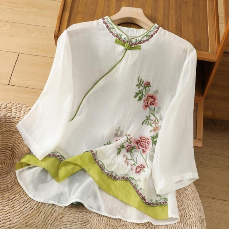 Chemise d'été à manches trois-quarts en coton et lin pour femme, style Buddha Stones , broderie florale, boutons grenouille, couleur assortie - Blanc - US8-10，UK/AU12-14，EU40-42 (2XL) - image 0