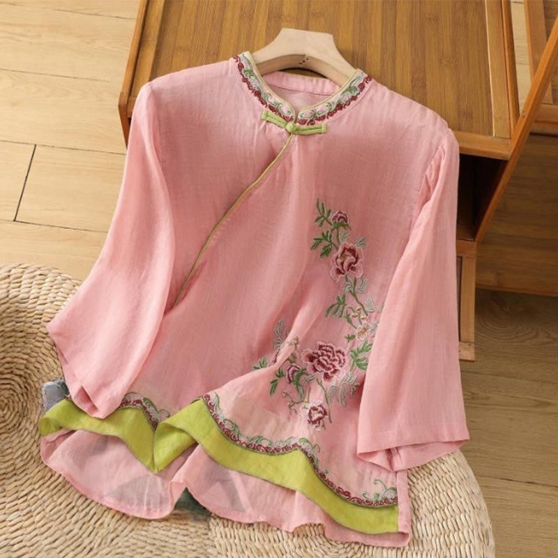 Chemise d'été à manches trois-quarts en coton et lin pour femme, style Buddha Stones , broderie florale, boutons grenouille, couleur assortie - Corail clair - US8-10，UK/AU12-14，EU40-42 (2XL) - image 4