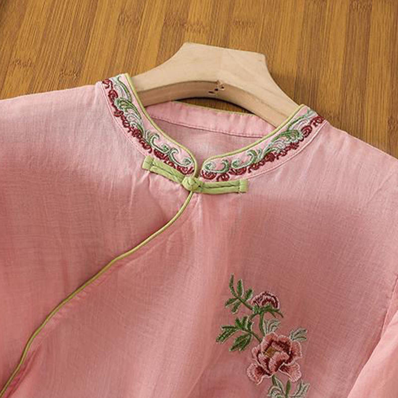 Chemise d'été à manches trois-quarts en coton et lin pour femme, style Buddha Stones , broderie florale, boutons grenouille, couleur assortie - image 5