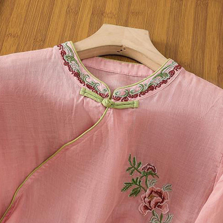 Chemise d'été à manches trois-quarts en coton et lin pour femme, style Buddha Stones , broderie florale, boutons grenouille, couleur assortie - image 5