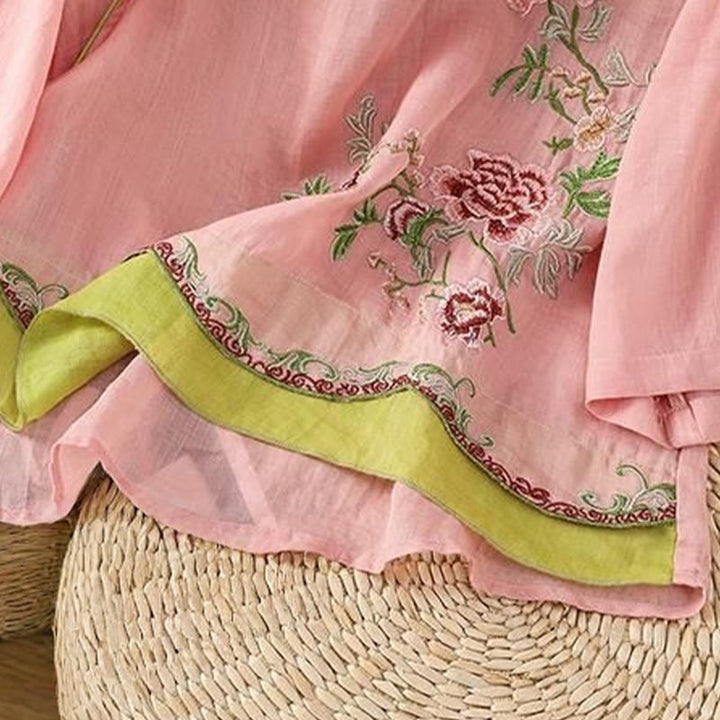 Chemise d'été à manches trois-quarts en coton et lin pour femme, style Buddha Stones , broderie florale, boutons grenouille, couleur assortie - image 8