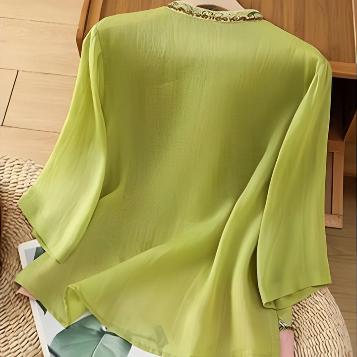 Chemise d'été à manches trois-quarts en coton et lin pour femme, style Buddha Stones , broderie florale, boutons grenouille, couleur assortie - image 13