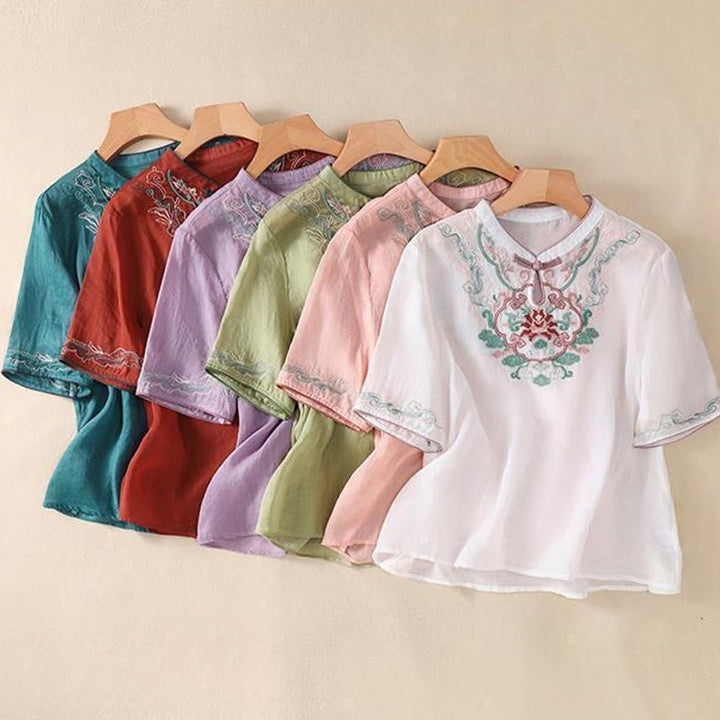 Chemise décontractée à manches mi-longues en coton et lin pour femme, motif Buddha Stones, broderie rétro, boutons grenouille - image 19