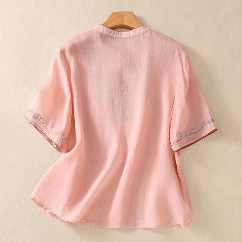 Chemise décontractée à manches mi-longues en coton et lin pour femme, motif Buddha Stones, broderie rétro, boutons grenouille - image 6