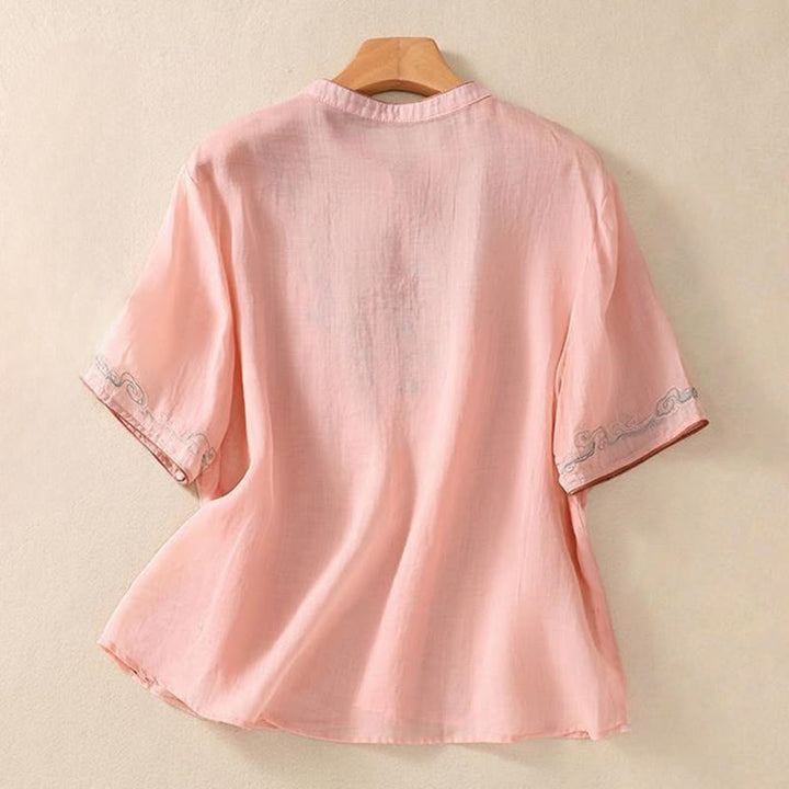 Chemise décontractée à manches mi-longues en coton et lin pour femme, motif Buddha Stones, broderie rétro, boutons grenouille - image 6