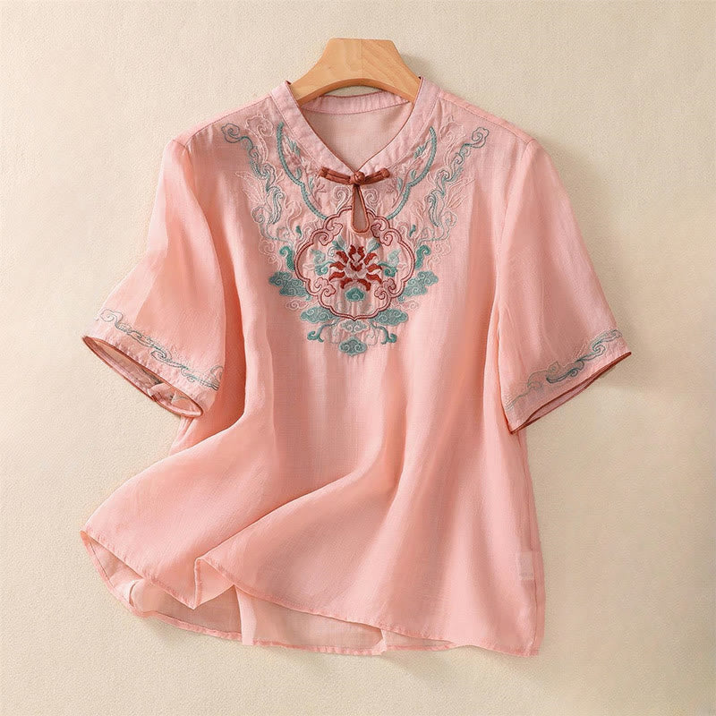 Chemise décontractée à manches mi-longues en coton et lin pour femme, motif Buddha Stones, broderie rétro, boutons grenouille - Saumon clair - US14，UK/AU18，EU46 (4XL) - image 5