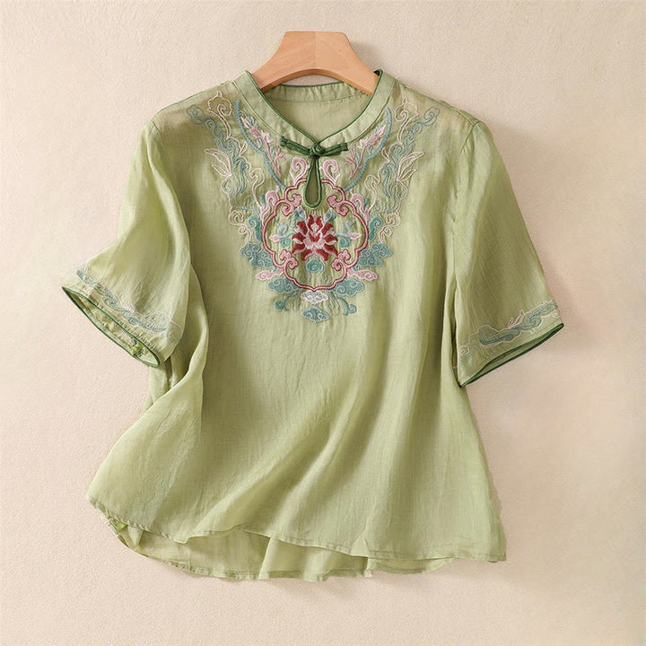 Chemise décontractée à manches mi-longues en coton et lin pour femme, motif Buddha Stones, broderie rétro, boutons grenouille - Vert clair - US14，UK/AU18，EU46 (4XL) - image 2