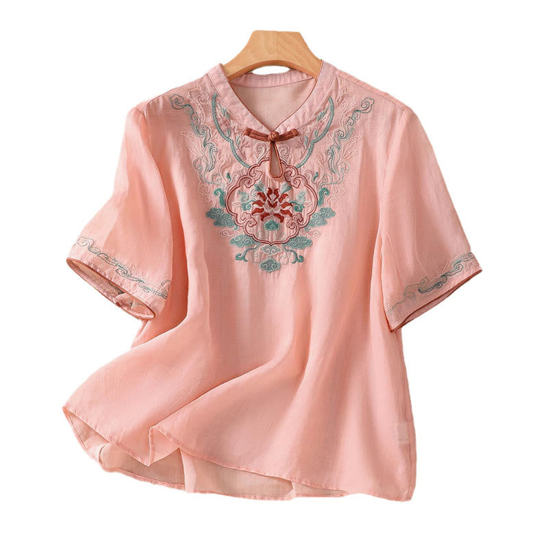 Chemise décontractée à manches mi-longues en coton et lin pour femme, motif Buddha Stones, broderie rétro, boutons grenouille - image 11