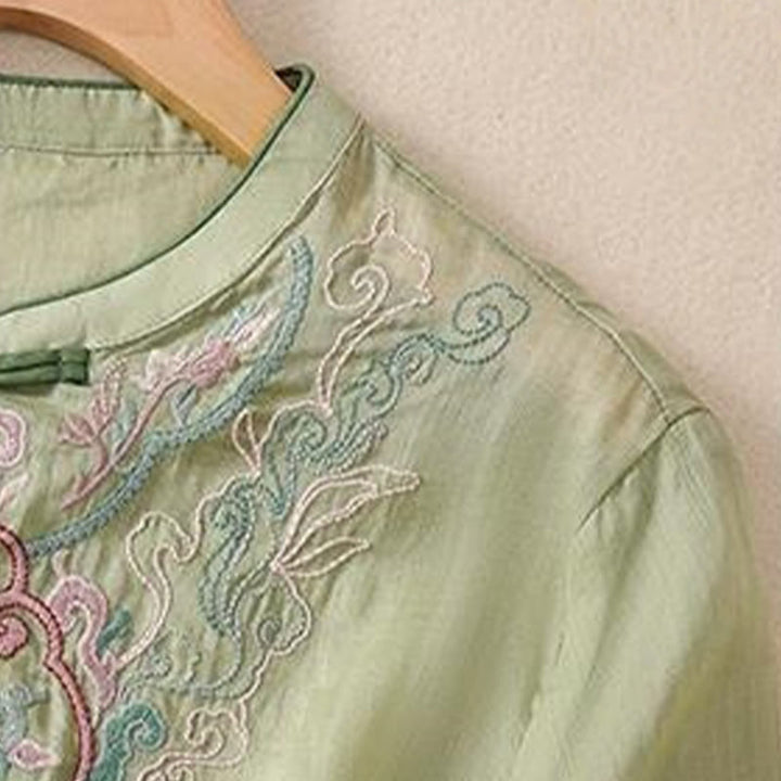 Chemise décontractée à manches mi-longues en coton et lin pour femme, motif Buddha Stones, broderie rétro, boutons grenouille - image 4