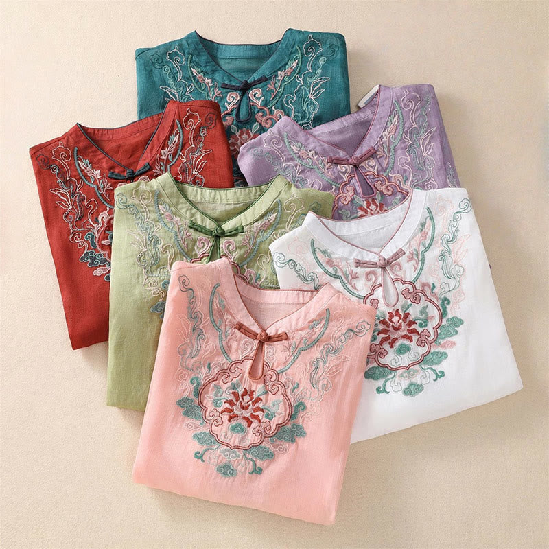 Chemise décontractée à manches mi-longues en coton et lin pour femme, motif Buddha Stones, broderie rétro, boutons grenouille - image 20