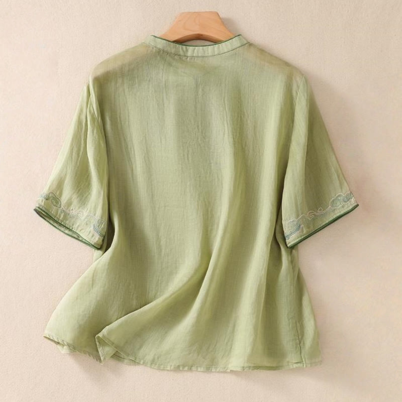 Chemise décontractée à manches mi-longues en coton et lin pour femme, motif Buddha Stones, broderie rétro, boutons grenouille - image 3