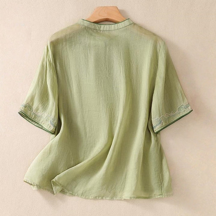 Chemise décontractée à manches mi-longues en coton et lin pour femme, motif Buddha Stones, broderie rétro, boutons grenouille - image 3
