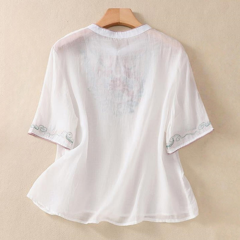 Chemise décontractée à manches mi-longues en coton et lin pour femme, motif Buddha Stones, broderie rétro, boutons grenouille - image 13