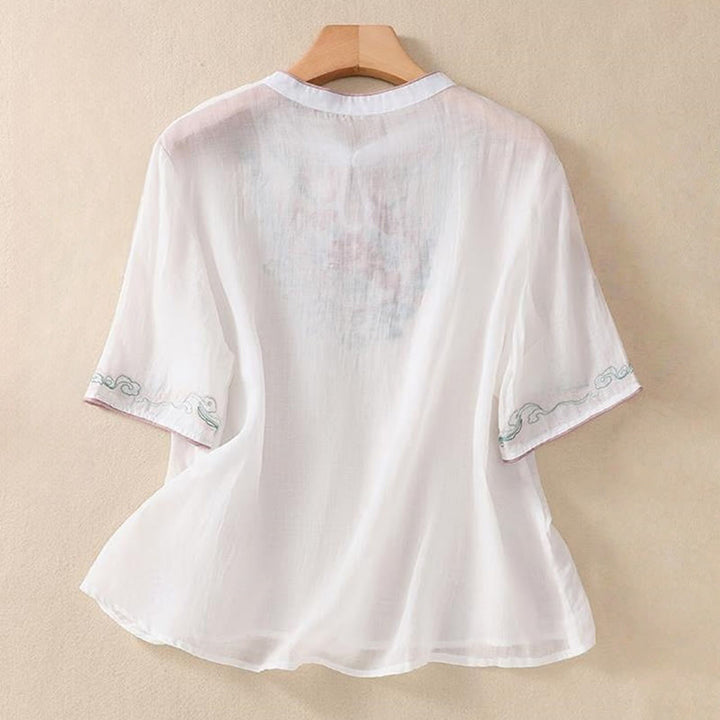 Chemise décontractée à manches mi-longues en coton et lin pour femme, motif Buddha Stones, broderie rétro, boutons grenouille - image 13