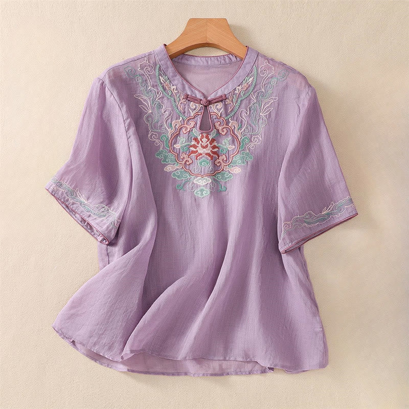 Chemise décontractée à manches mi-longues en coton et lin pour femme, motif Buddha Stones, broderie rétro, boutons grenouille - Orchidée moyenne - US14，UK/AU18，EU46 (4XL) - image 0