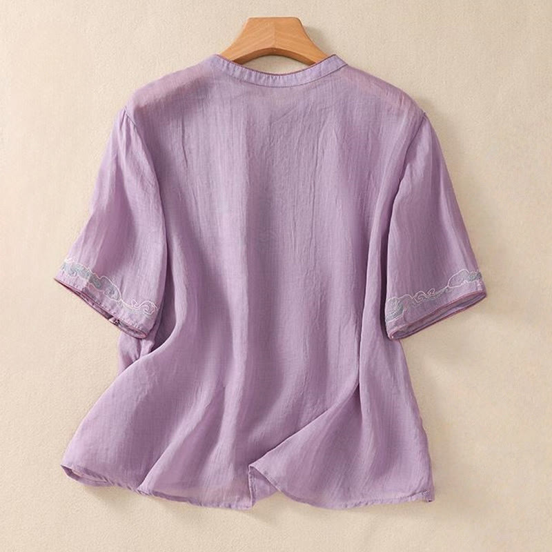 Chemise décontractée à manches mi-longues en coton et lin pour femme, motif Buddha Stones, broderie rétro, boutons grenouille - image 1