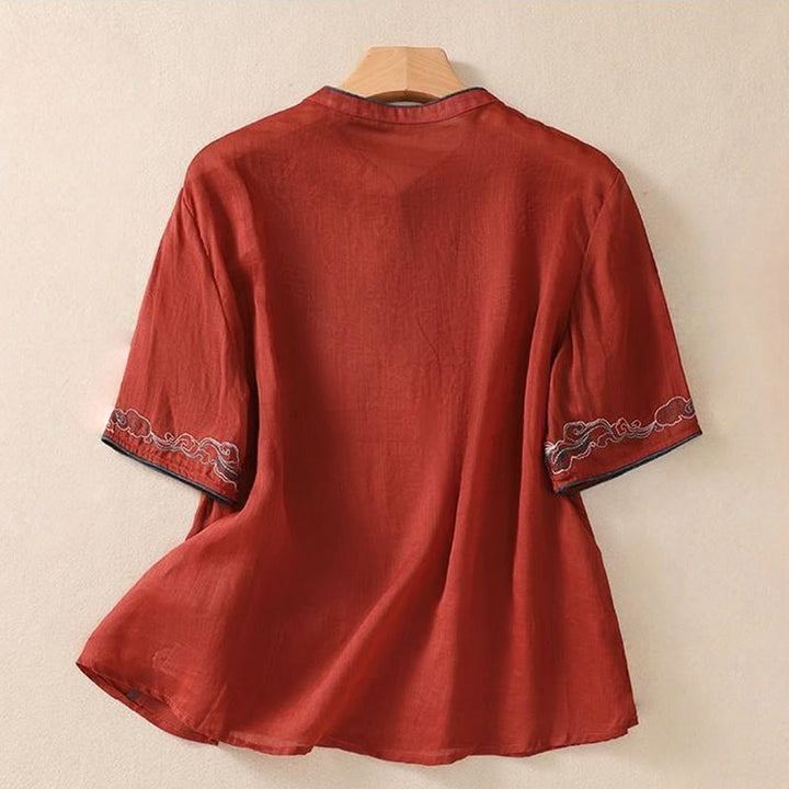 Chemise décontractée à manches mi-longues en coton et lin pour femme, motif Buddha Stones, broderie rétro, boutons grenouille - image 18
