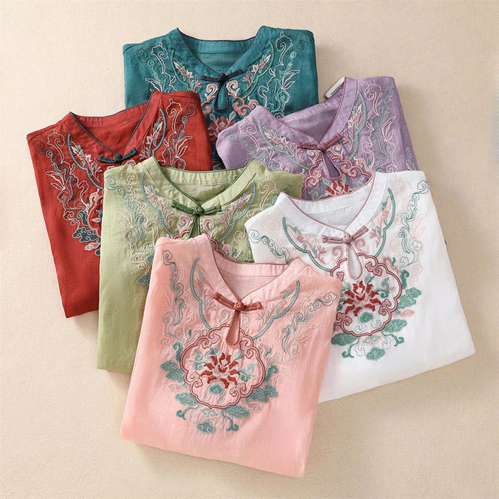 Chemise décontractée à manches mi-longues en coton et lin pour femme, motif Buddha Stones, broderie rétro, boutons grenouille - image 20