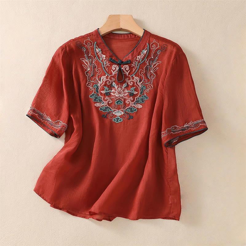 Chemise décontractée à manches mi-longues en coton et lin pour femme, motif Buddha Stones, broderie rétro, boutons grenouille - Brique réfractaire - US14，UK/AU18，EU46 (4XL) - image 17