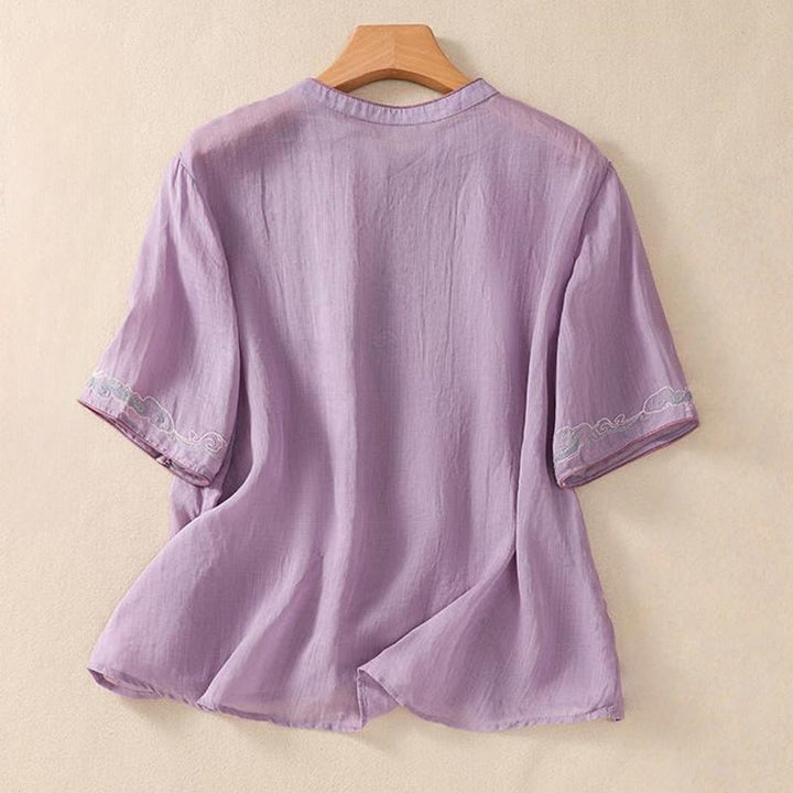 Chemise décontractée à manches mi-longues en coton et lin pour femme, motif Buddha Stones, broderie rétro, boutons grenouille - image 1