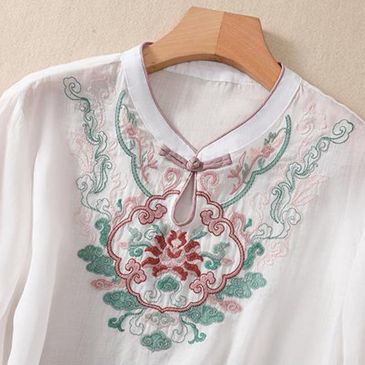 Chemise décontractée à manches mi-longues en coton et lin pour femme, motif Buddha Stones, broderie rétro, boutons grenouille - image 15