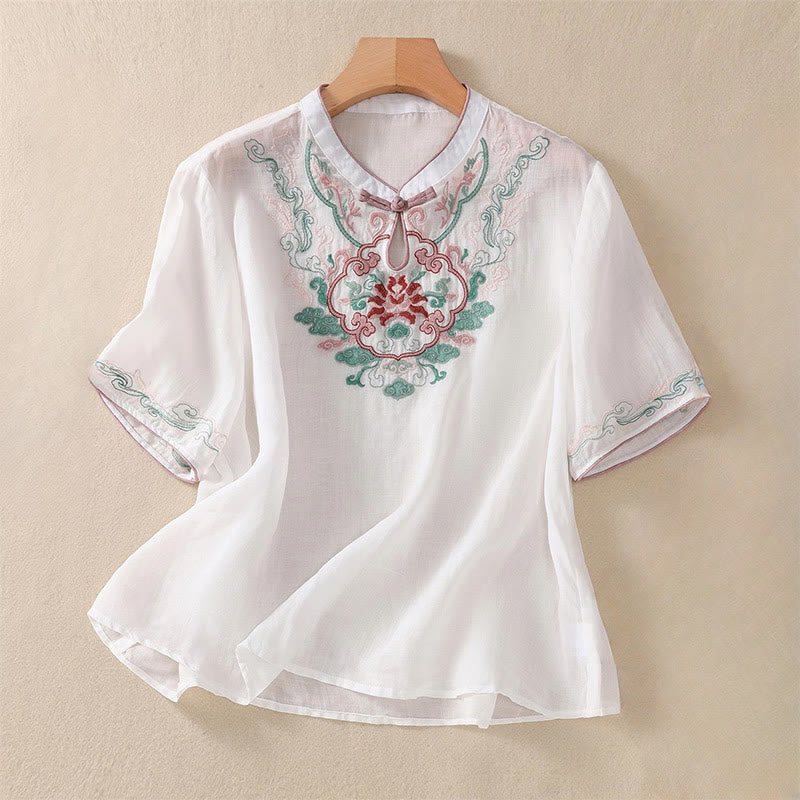 Chemise décontractée à manches mi-longues en coton et lin pour femme, motif Buddha Stones, broderie rétro, boutons grenouille - Blanc - US14，UK/AU18，EU46 (4XL) - image 12