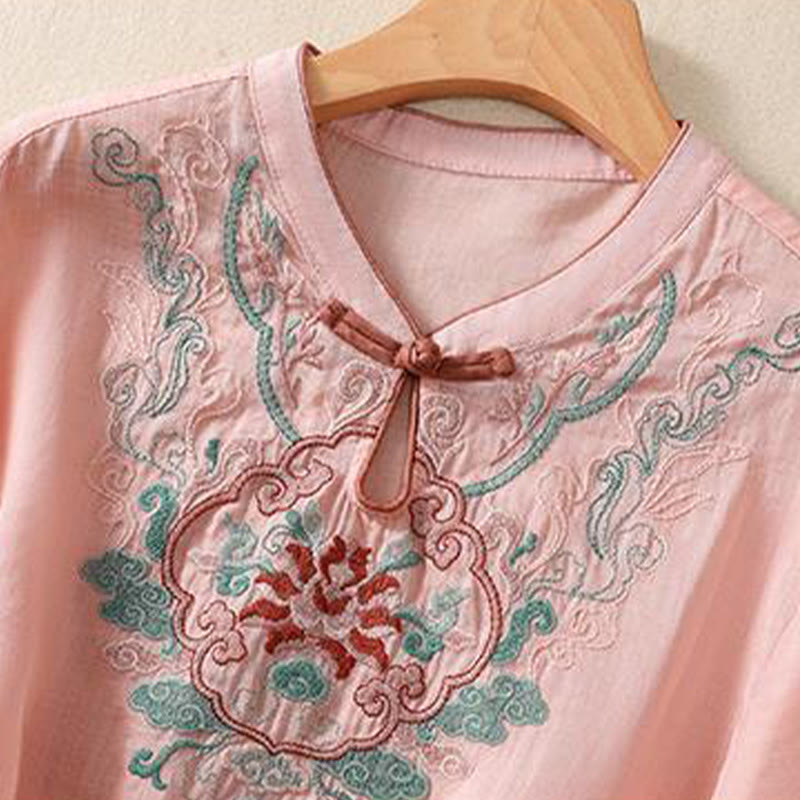 Chemise décontractée à manches mi-longues en coton et lin pour femme, motif Buddha Stones, broderie rétro, boutons grenouille - image 7