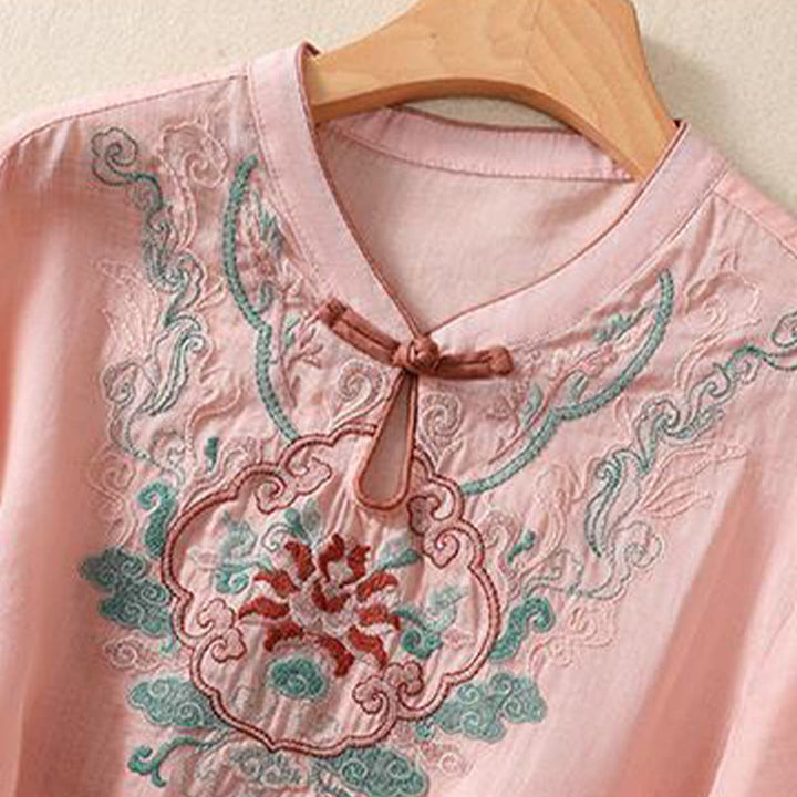 Chemise décontractée à manches mi-longues en coton et lin pour femme, motif Buddha Stones, broderie rétro, boutons grenouille - image 7