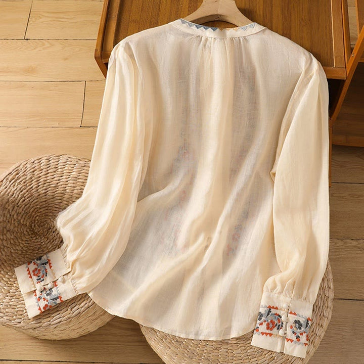 Chemise à manches longues lanterne en coton et lin pour femme, broderie vintage Buddha Stones, simple rangée, patte de boutonnage multi-boutons - image 1