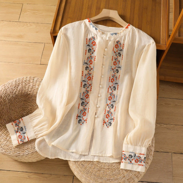 Chemise à manches longues lanterne en coton et lin pour femme, broderie vintage Buddha Stones, simple rangée, patte de boutonnage multi-boutons - Beige - US8-10，UK/AU12-14，EU40-42 (2XL) - image 0
