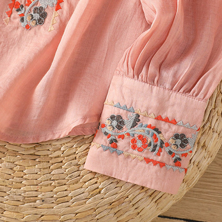 Chemise à manches longues lanterne en coton et lin pour femme, broderie vintage Buddha Stones, simple rangée, patte de boutonnage multi-boutons - image 7