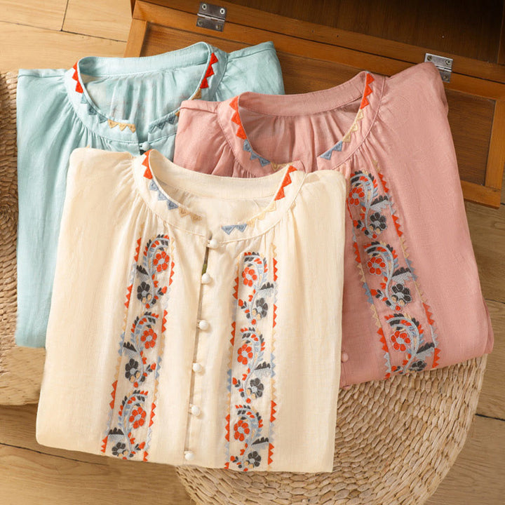 Chemise à manches longues lanterne en coton et lin pour femme, broderie vintage Buddha Stones, simple rangée, patte de boutonnage multi-boutons - image 16