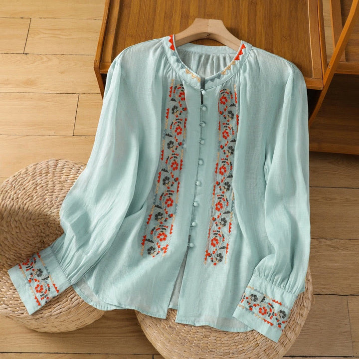 Chemise à manches longues lanterne en coton et lin pour femme, broderie vintage Buddha Stones, simple rangée, patte de boutonnage multi-boutons - Turquoise - US8-10，UK/AU12-14，EU40-42 (2XL) - image 11