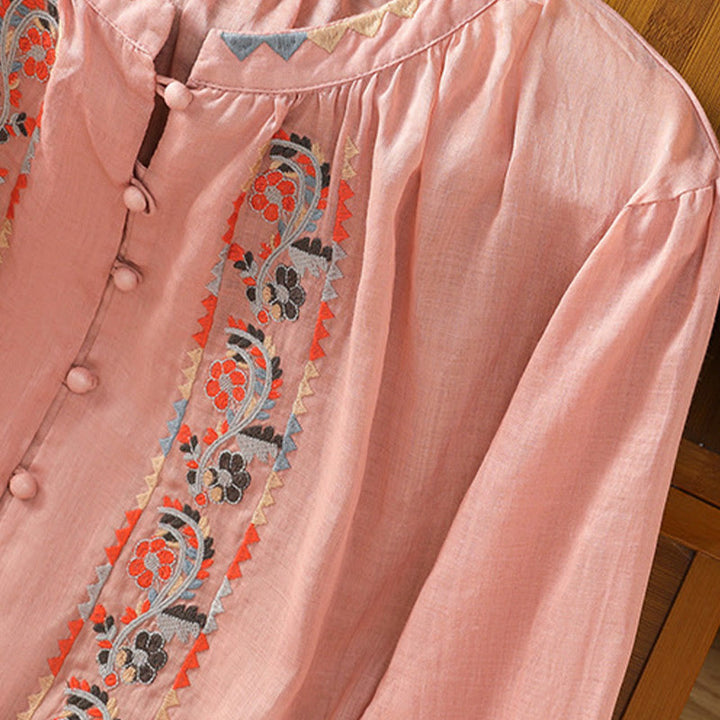 Chemise à manches longues lanterne en coton et lin pour femme, broderie vintage Buddha Stones, simple rangée, patte de boutonnage multi-boutons - image 8