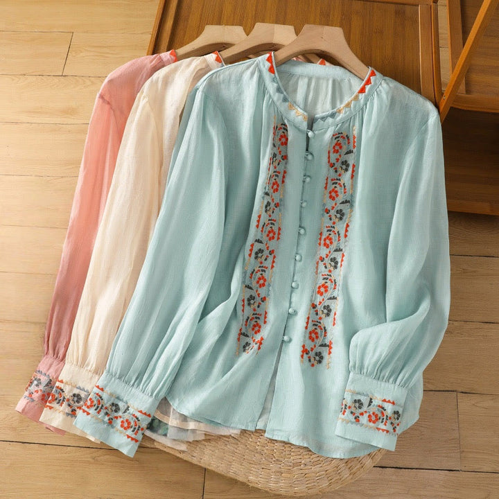 Chemise à manches longues lanterne en coton et lin pour femme, broderie vintage Buddha Stones, simple rangée, patte de boutonnage multi-boutons - image 15