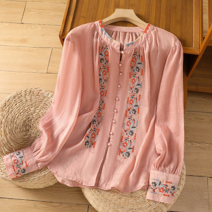 Chemise à manches longues lanterne en coton et lin pour femme, broderie vintage Buddha Stones, simple rangée, patte de boutonnage multi-boutons - Saumon - US8-10，UK/AU12-14，EU40-42 (2XL) - image 5