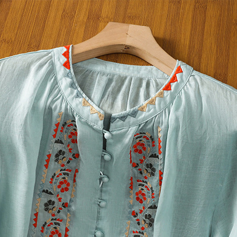 Chemise à manches longues lanterne en coton et lin pour femme, broderie vintage Buddha Stones, simple rangée, patte de boutonnage multi-boutons - image 13