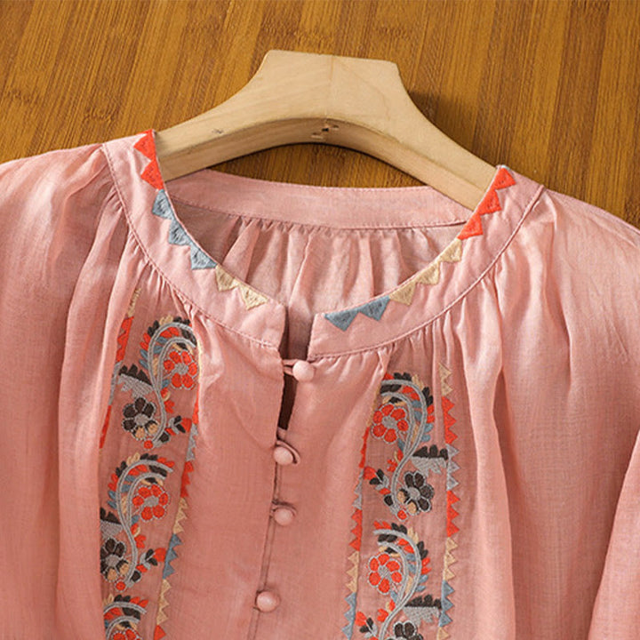 Chemise à manches longues lanterne en coton et lin pour femme, broderie vintage Buddha Stones, simple rangée, patte de boutonnage multi-boutons - image 6