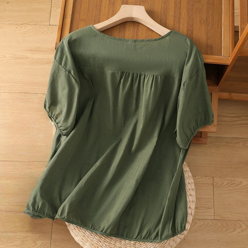 Chemise à manches courtes en coton et lin pour femme, motif floral brodé asymétrique vintage Buddha Stones - image 1