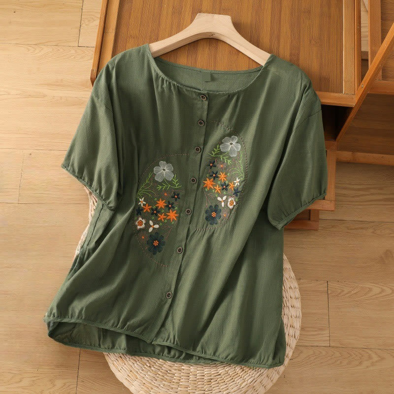 Chemise à manches courtes en coton et lin pour femme, motif floral brodé asymétrique vintage Buddha Stones - Vert foncé - US14，UK/AU18，EU46 (2XL) - image 0