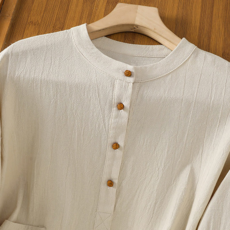 Buddha Stones d'été décontractée en coton et lin pour femme, couleur unie, demi-bouton, design simple, avec poche - image 1