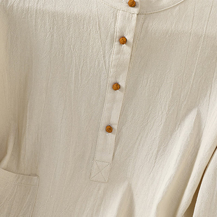 Buddha Stones d'été décontractée en coton et lin pour femme, couleur unie, demi-bouton, design simple, avec poche - image 3