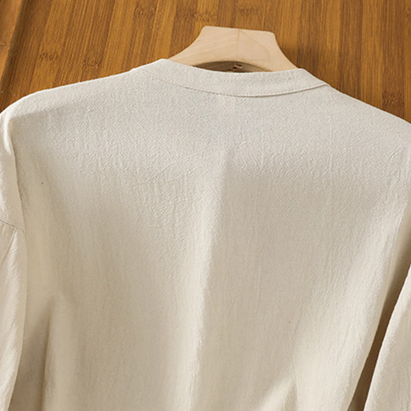 Buddha Stones d'été décontractée en coton et lin pour femme, couleur unie, demi-bouton, design simple, avec poche - image 2