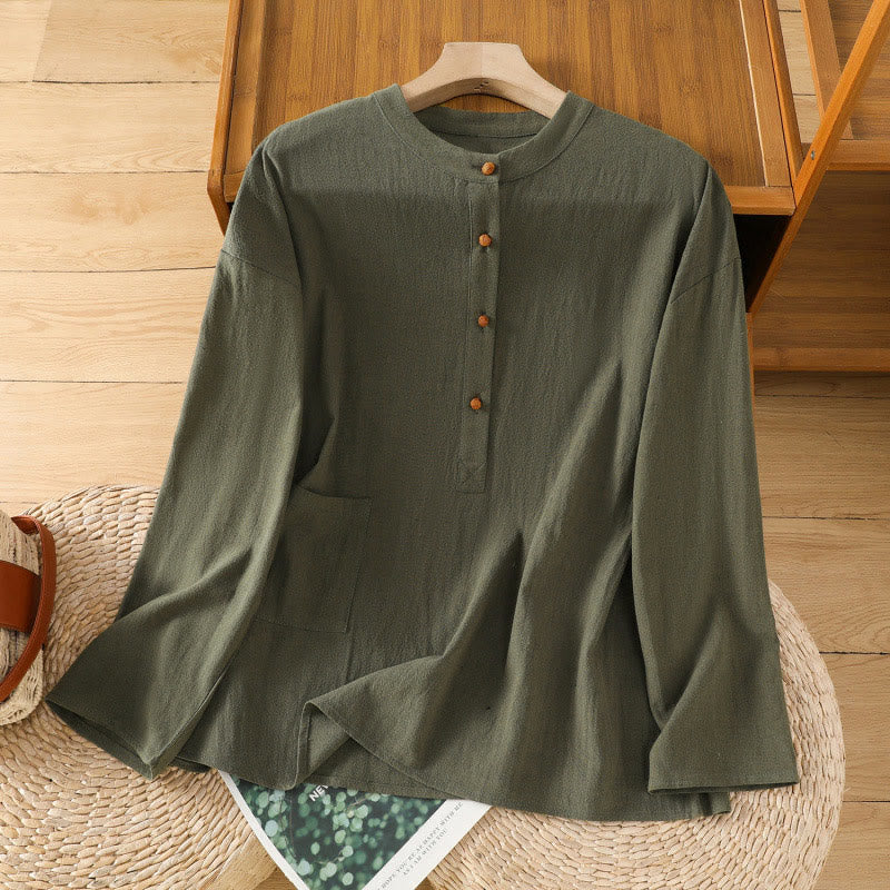 Buddha Stones d'été décontractée en coton et lin pour femme, couleur unie, demi-bouton, design simple, avec poche - Vert olive foncé - US12，UK/AU16，EU44 (2XL) - image 6