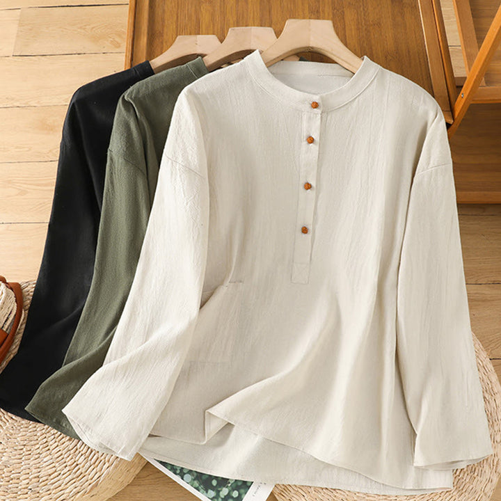 Buddha Stones d'été décontractée en coton et lin pour femme, couleur unie, demi-bouton, design simple, avec poche - image 21