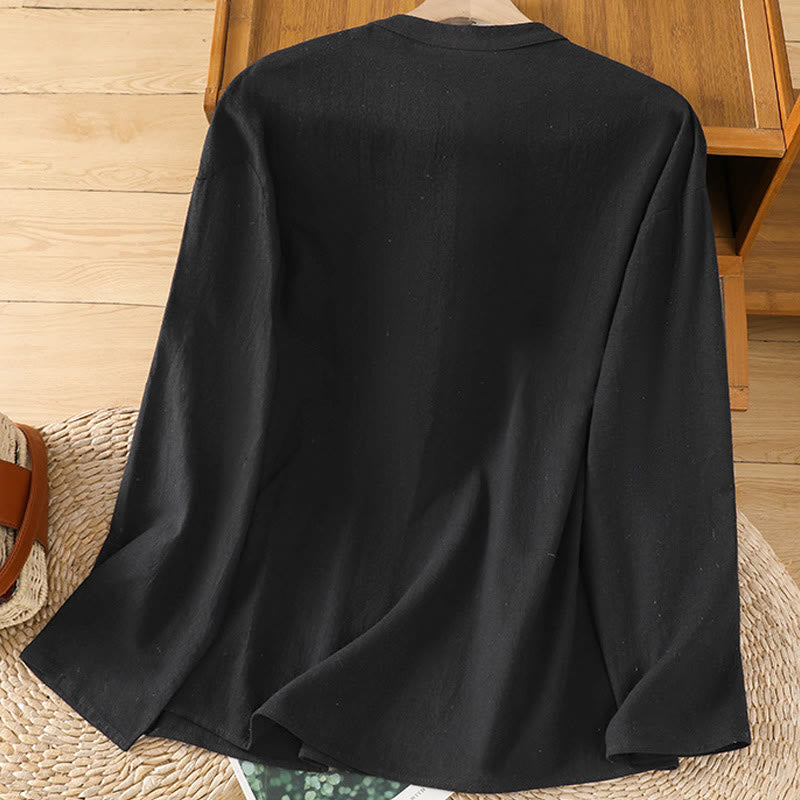 Buddha Stones d'été décontractée en coton et lin pour femme, couleur unie, demi-bouton, design simple, avec poche - image 14