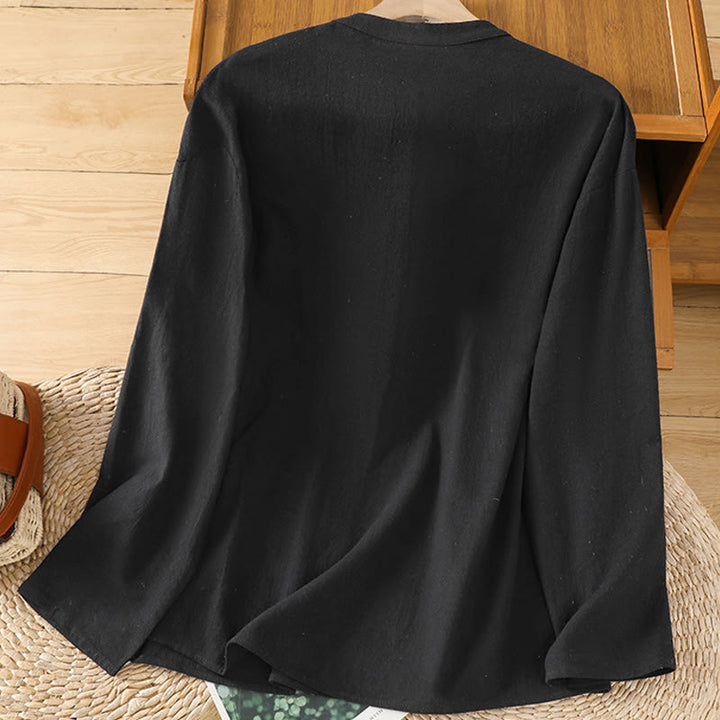 Buddha Stones d'été décontractée en coton et lin pour femme, couleur unie, demi-bouton, design simple, avec poche - image 14