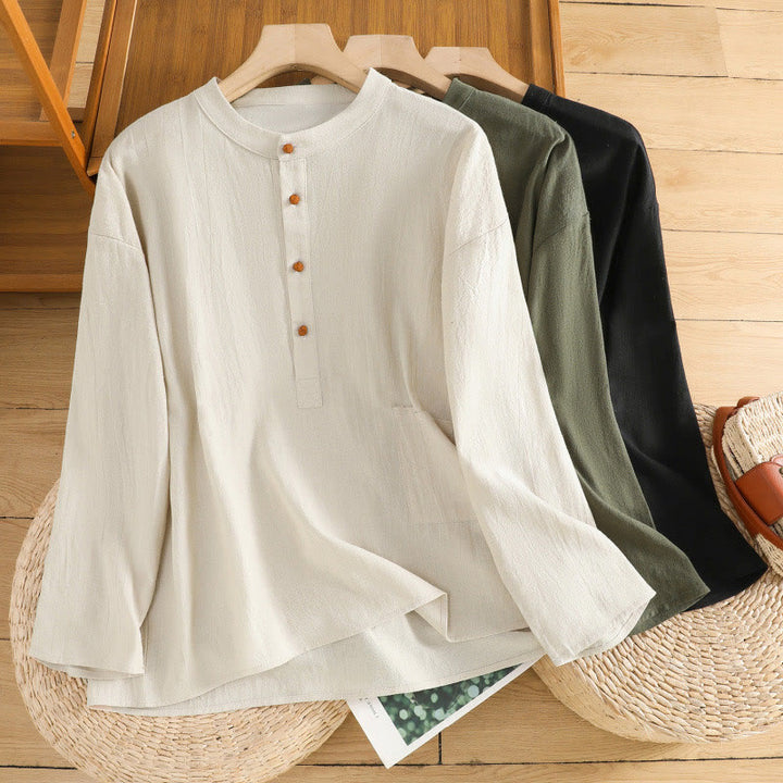 Buddha Stones d'été décontractée en coton et lin pour femme, couleur unie, demi-bouton, design simple, avec poche - image 22